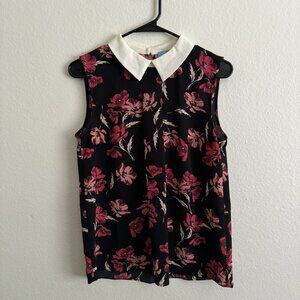 CECE Floral Sleveless Collar Top Black Small